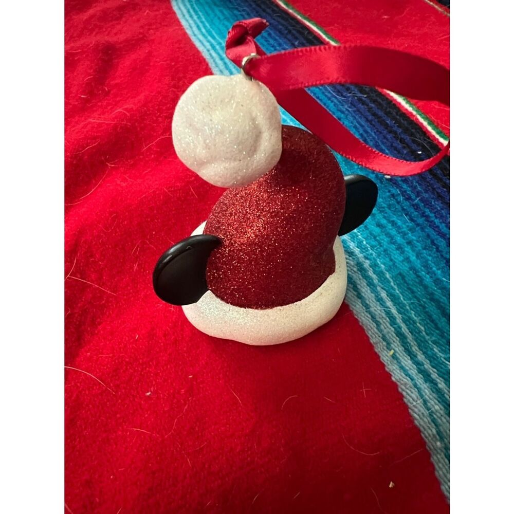 Glitter  Mickey Santa Hat Ornament with Black Ear Accents